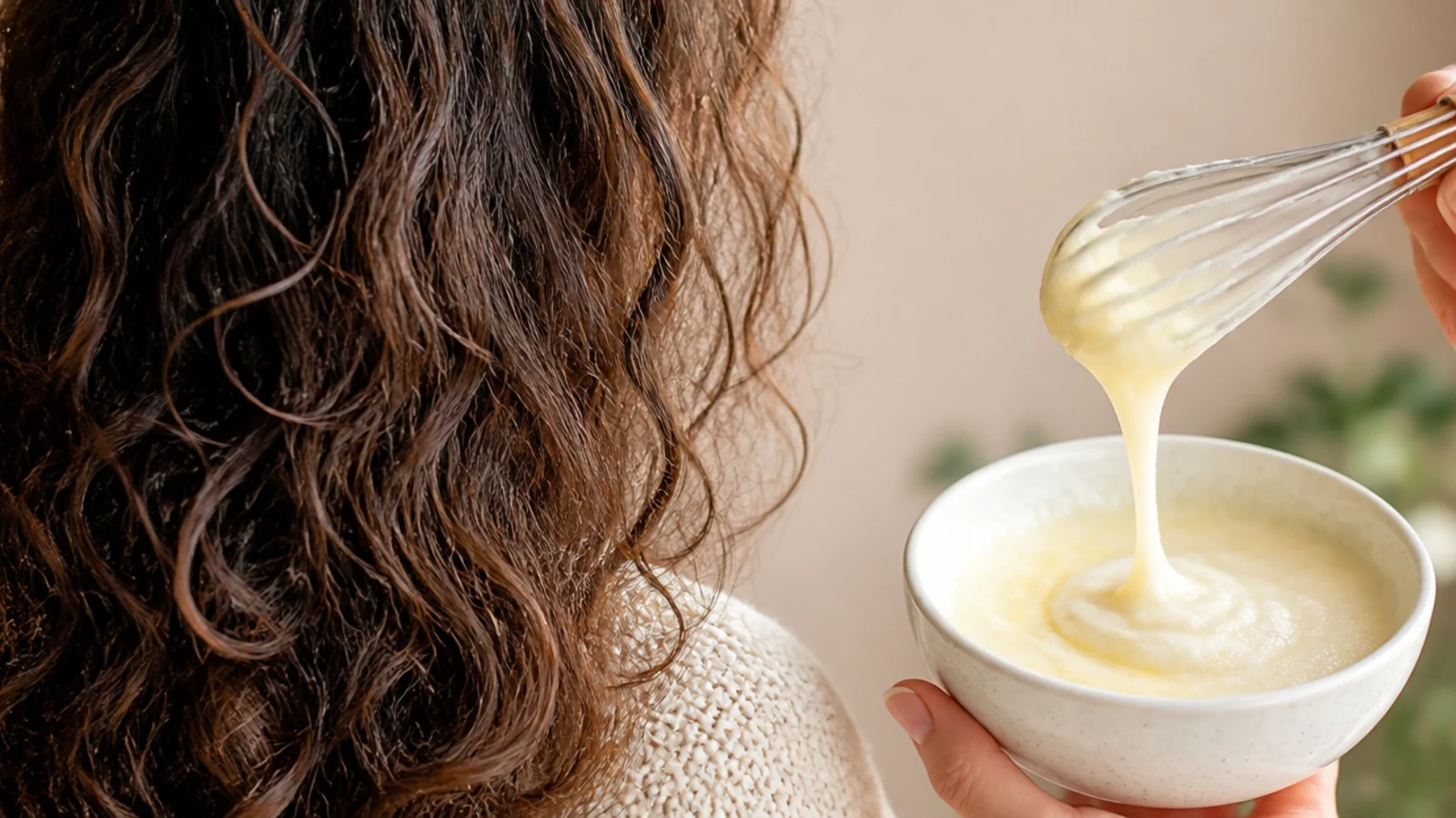A whisked egg mixture in a bowl next to a wide tooth comb
