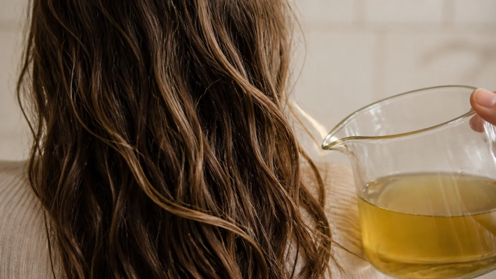 Cooled green tea in a jug ready to pour over the hair