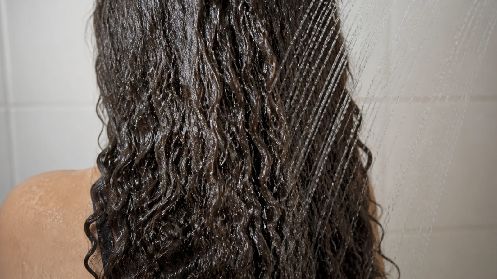 Cool water running over the lengths at the end of a shower