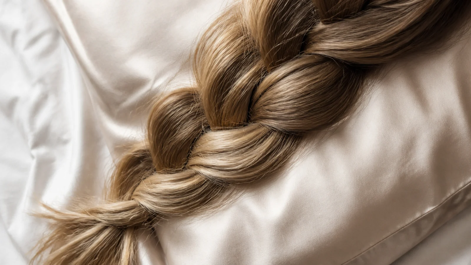 A loose plait resting on a smooth silk pillowcase