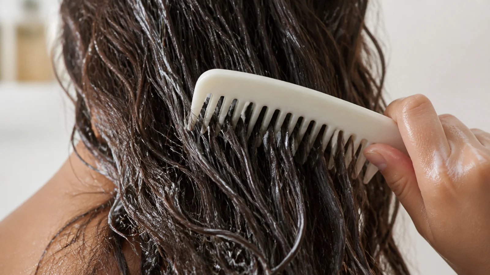 A wooden wide tooth comb resting against damp hair