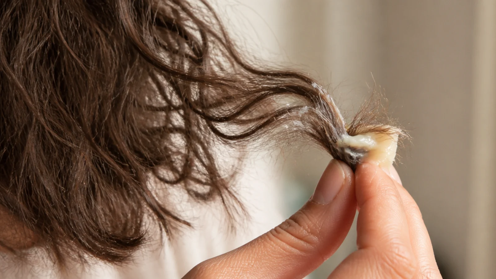 Shea butter melted between fingertips and applied to the ends