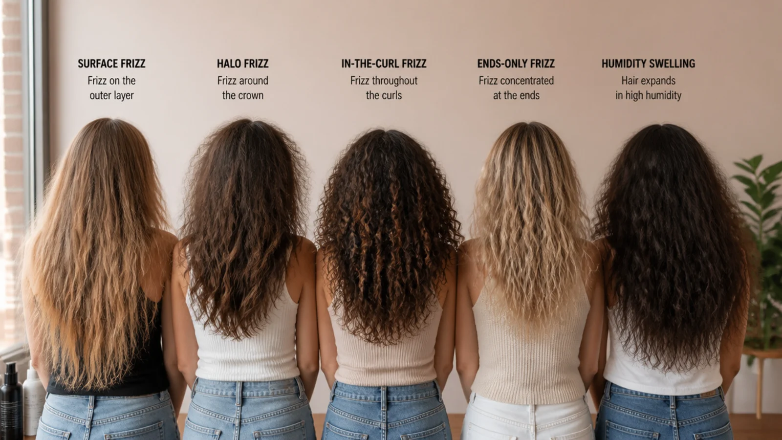 Three sections of hair showing frizz at the crown, the length and the ends