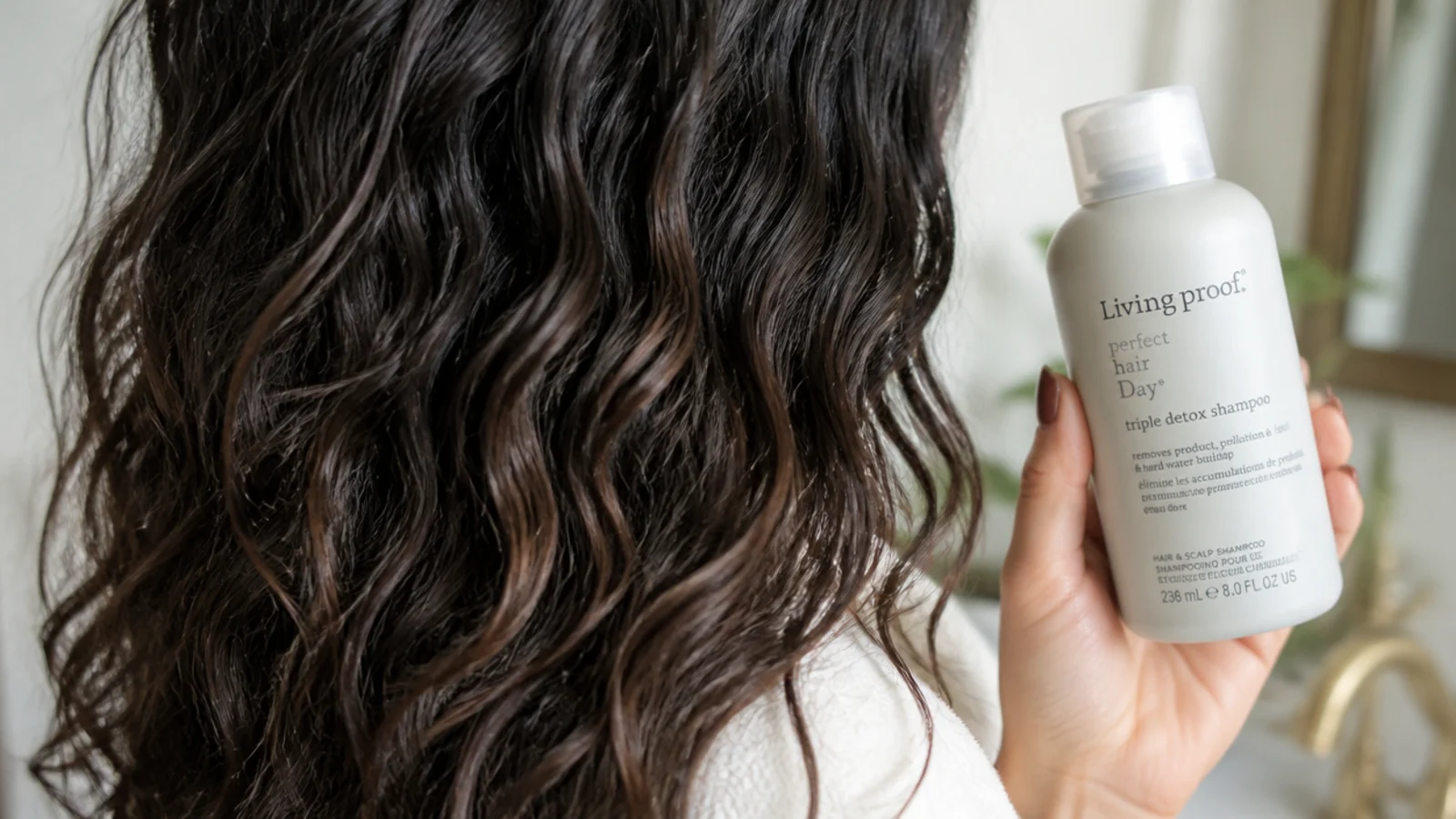 A clarifying shampoo bottle held in the shower