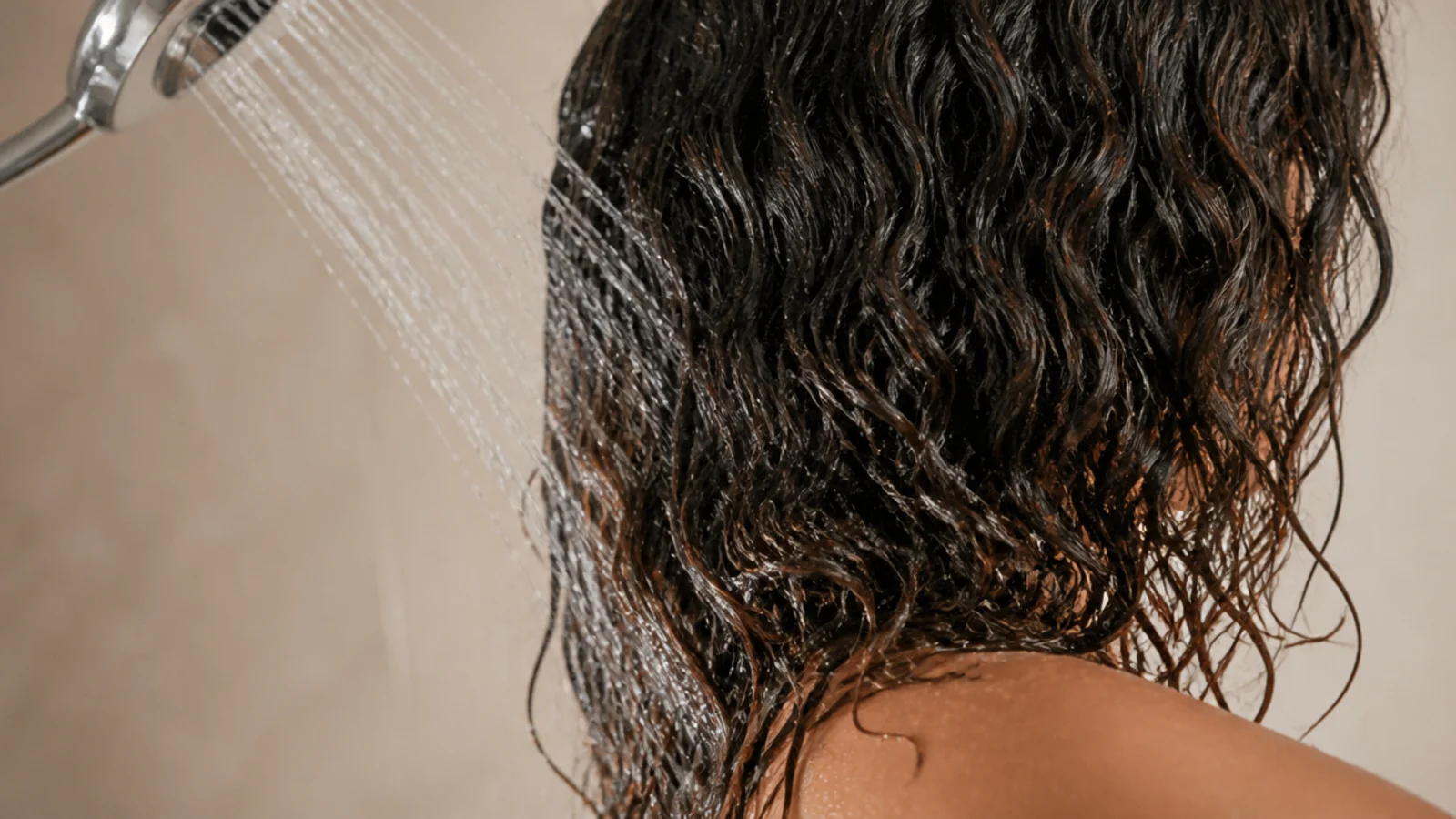 Cool water running over the lengths at the end of a shower