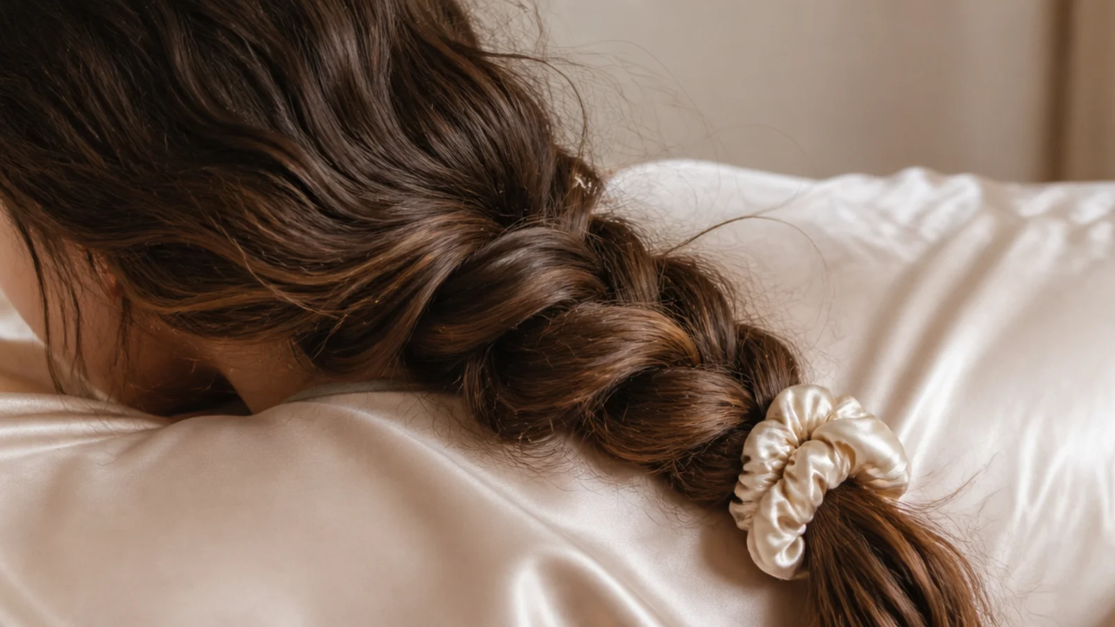 A loose braid resting on a smooth silk pillowcase