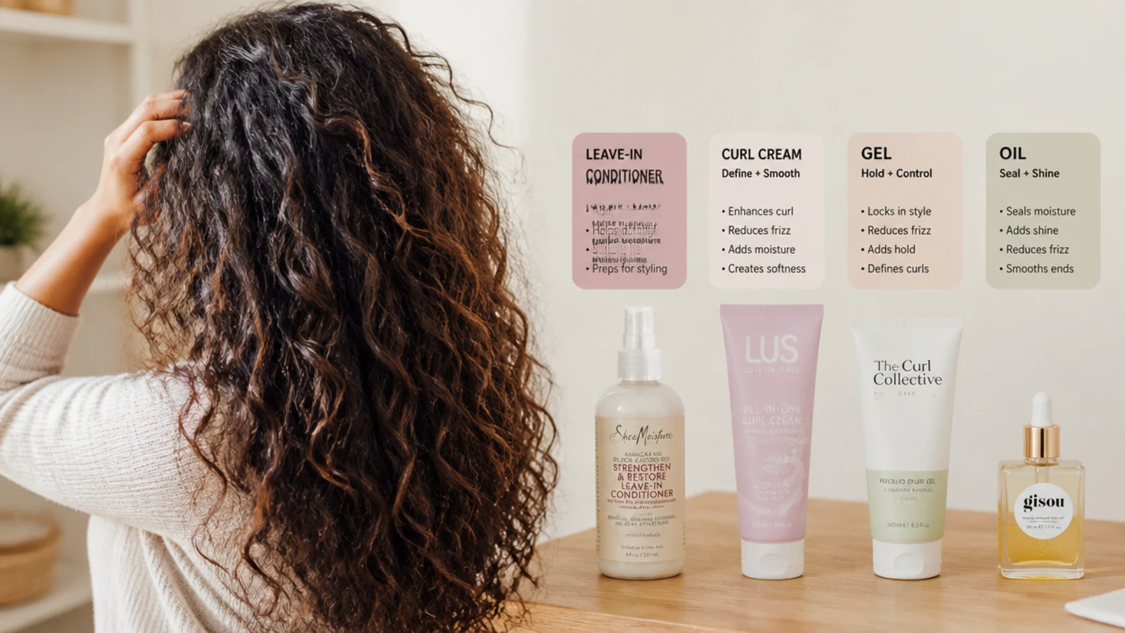 Leave in, cream and gel lined up in the order they are used