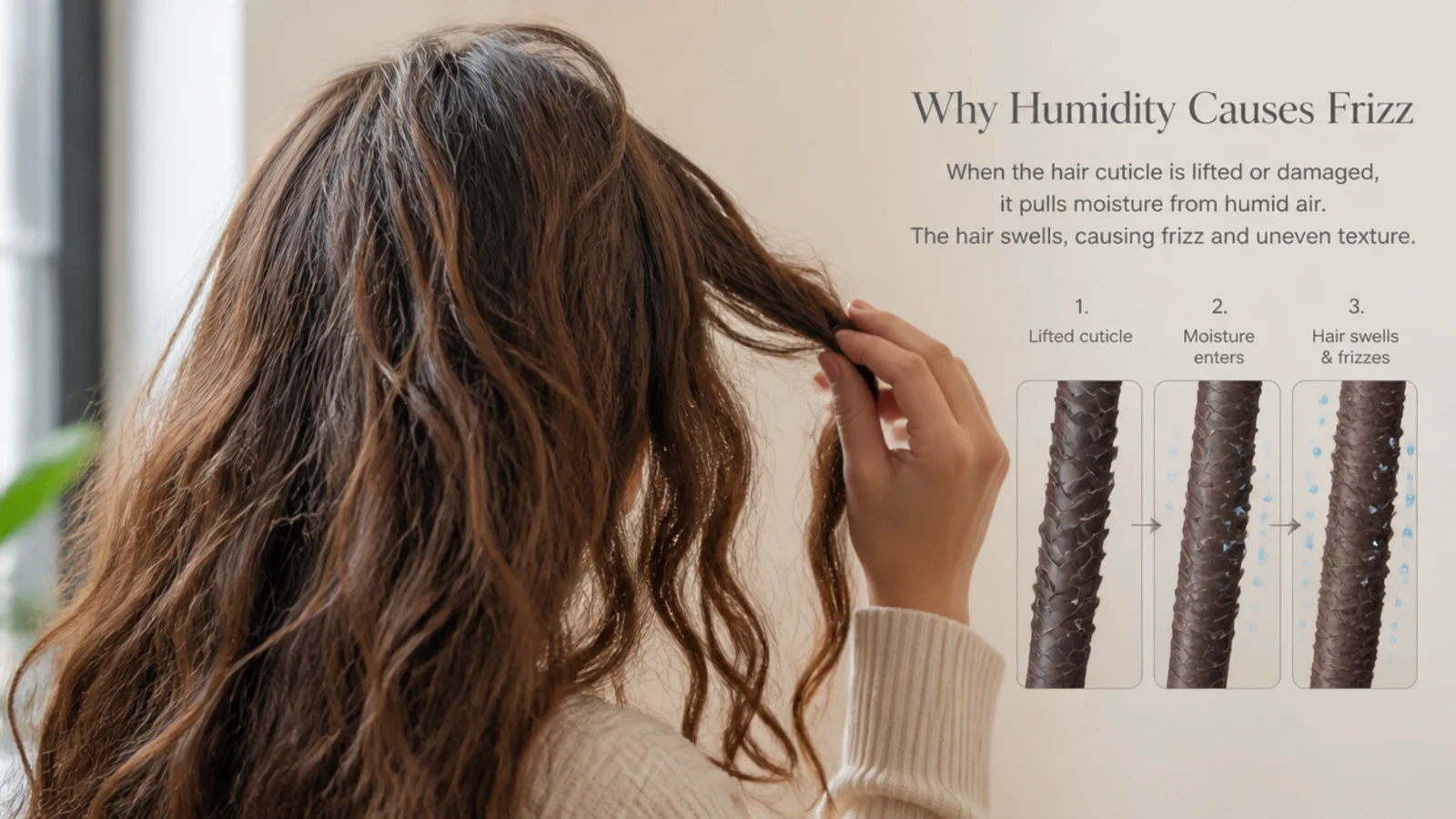 A magnified hair shaft showing cuticle scales lifting along its length