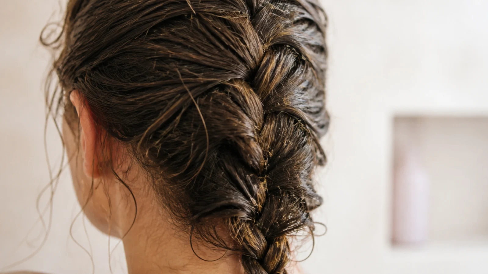 A single French braid running down the centre back of damp dark hair
