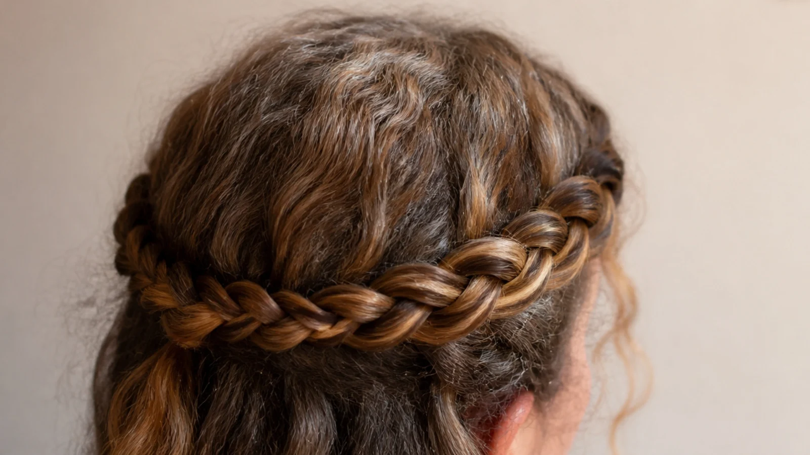 A dutch braid wrapped around the crown like a band with the length left loose