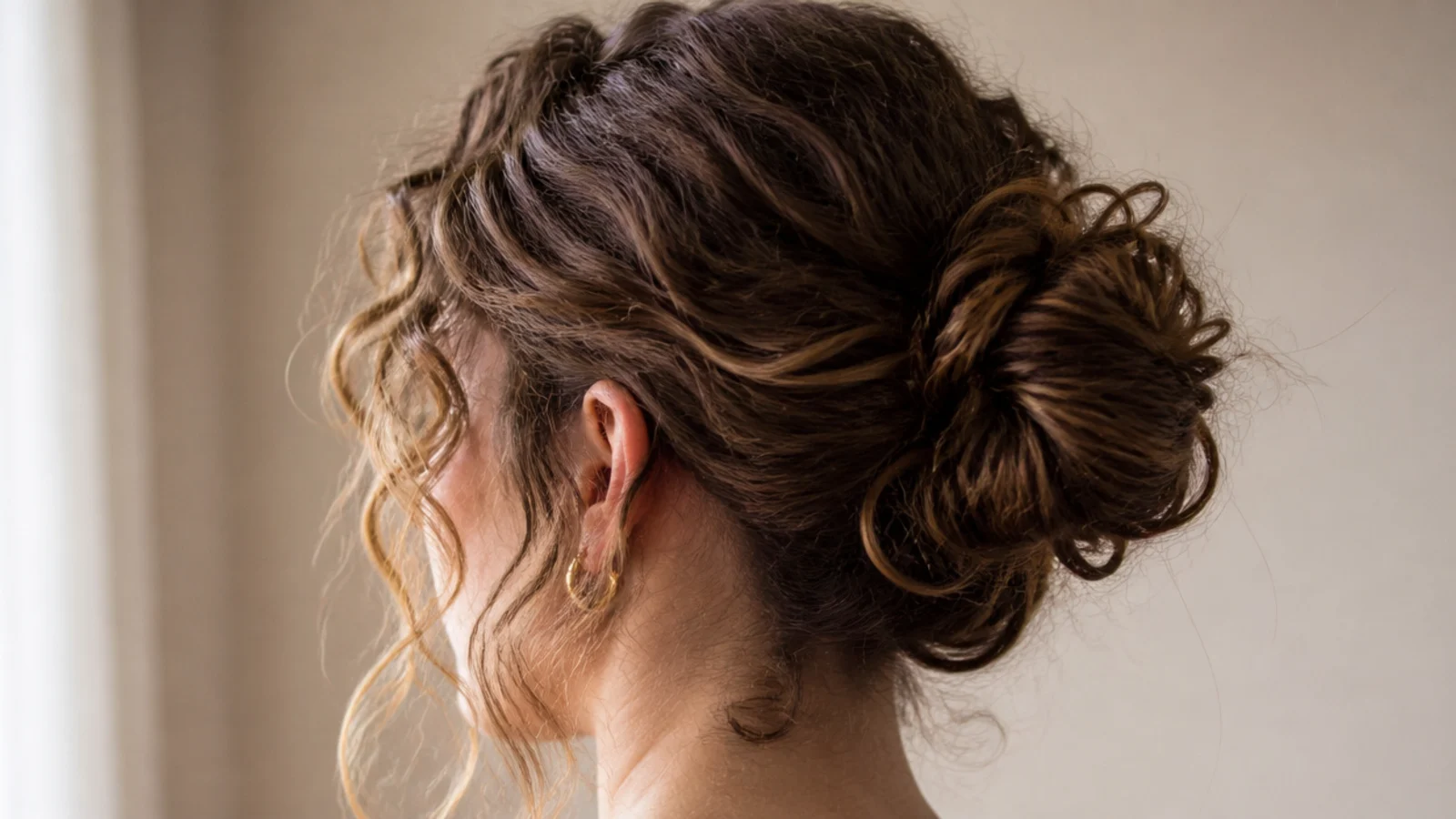 A small bun on the crown with the rest of the hair falling loose