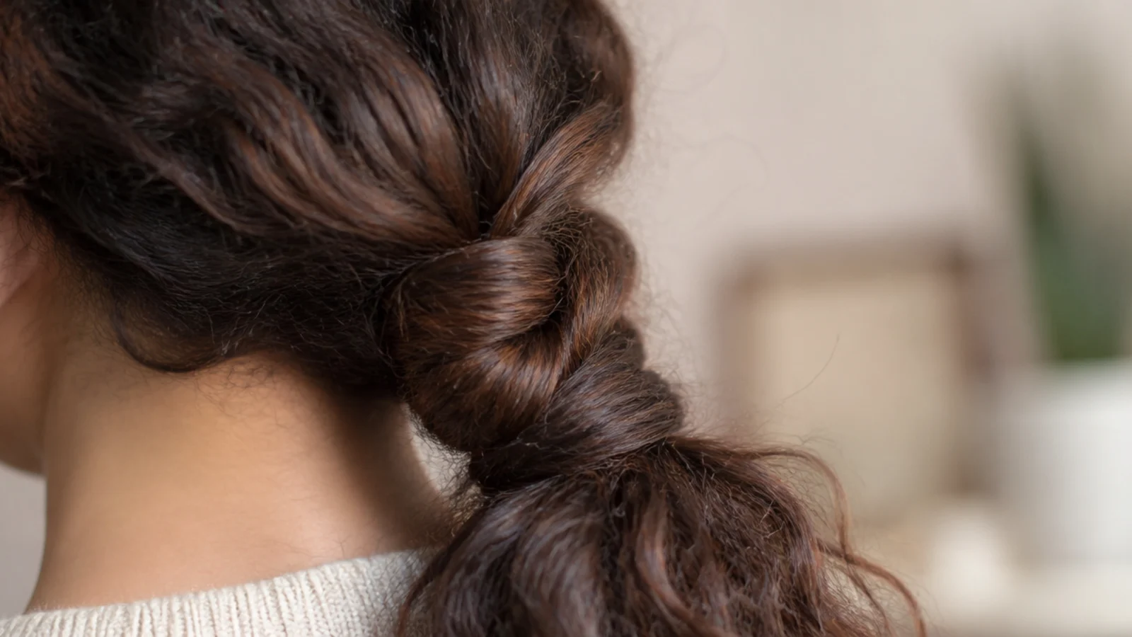 A two strand rope twist running down from a mid height ponytail