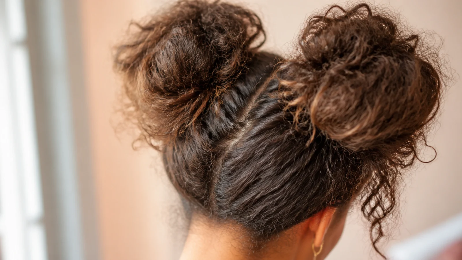Two small knots sitting high on either side of the head