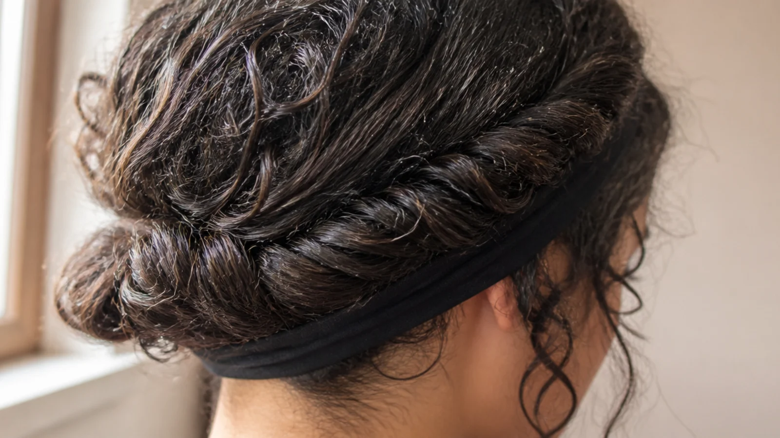 Front sections twisted back and tucked under a plain fabric headband