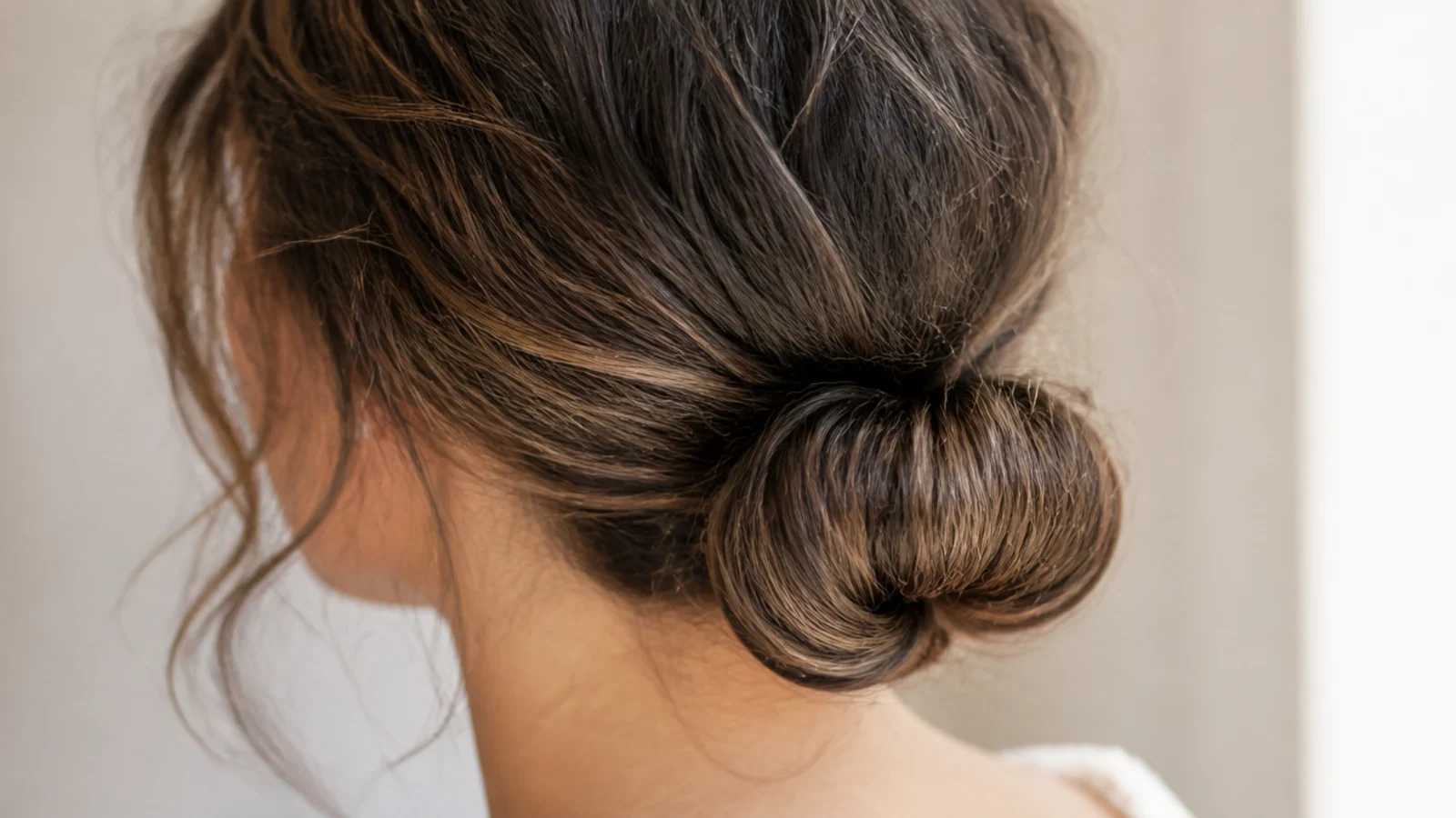 A folded low chignon sitting at the nape with the sides smoothed back