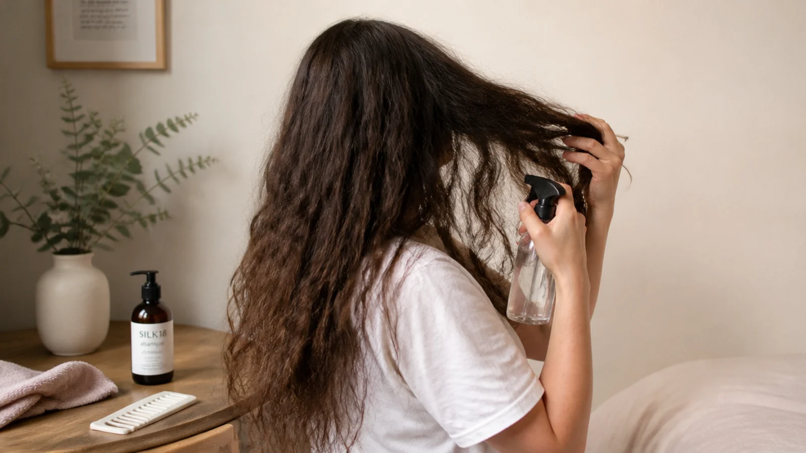 Wet hair being blotted with a plain cotton t shirt over a bathroom sink