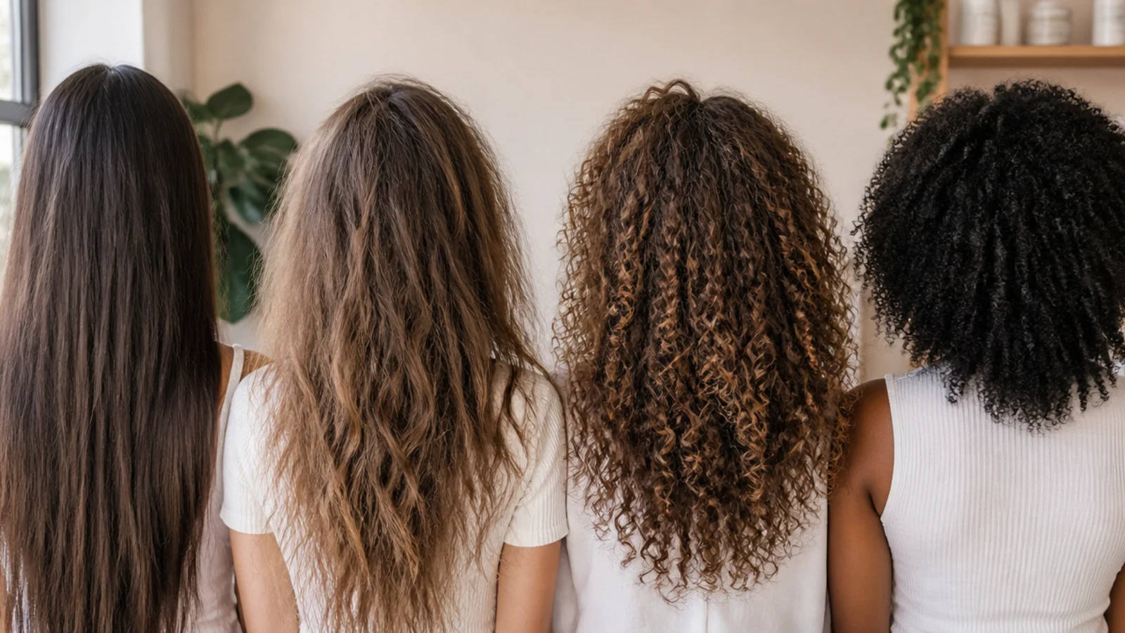Four hair textures photographed side by side from straight through to tight curl