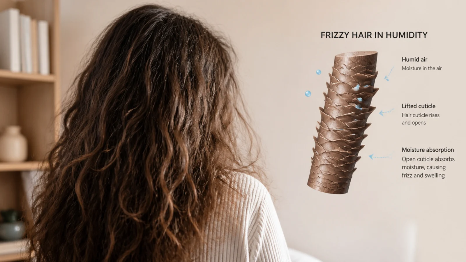 Close crop of a single section of hair showing raised strands against a smooth length