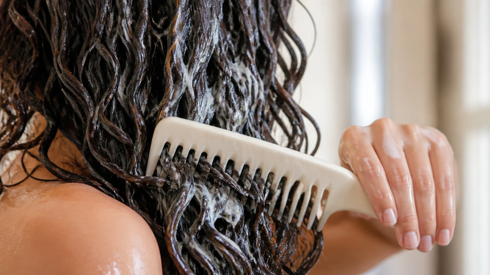 A wide tooth comb drawn through conditioner coated wet hair