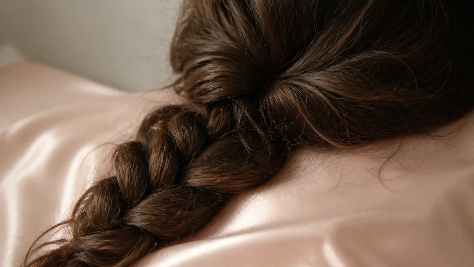 Hair spread across a smooth satin pillowcase