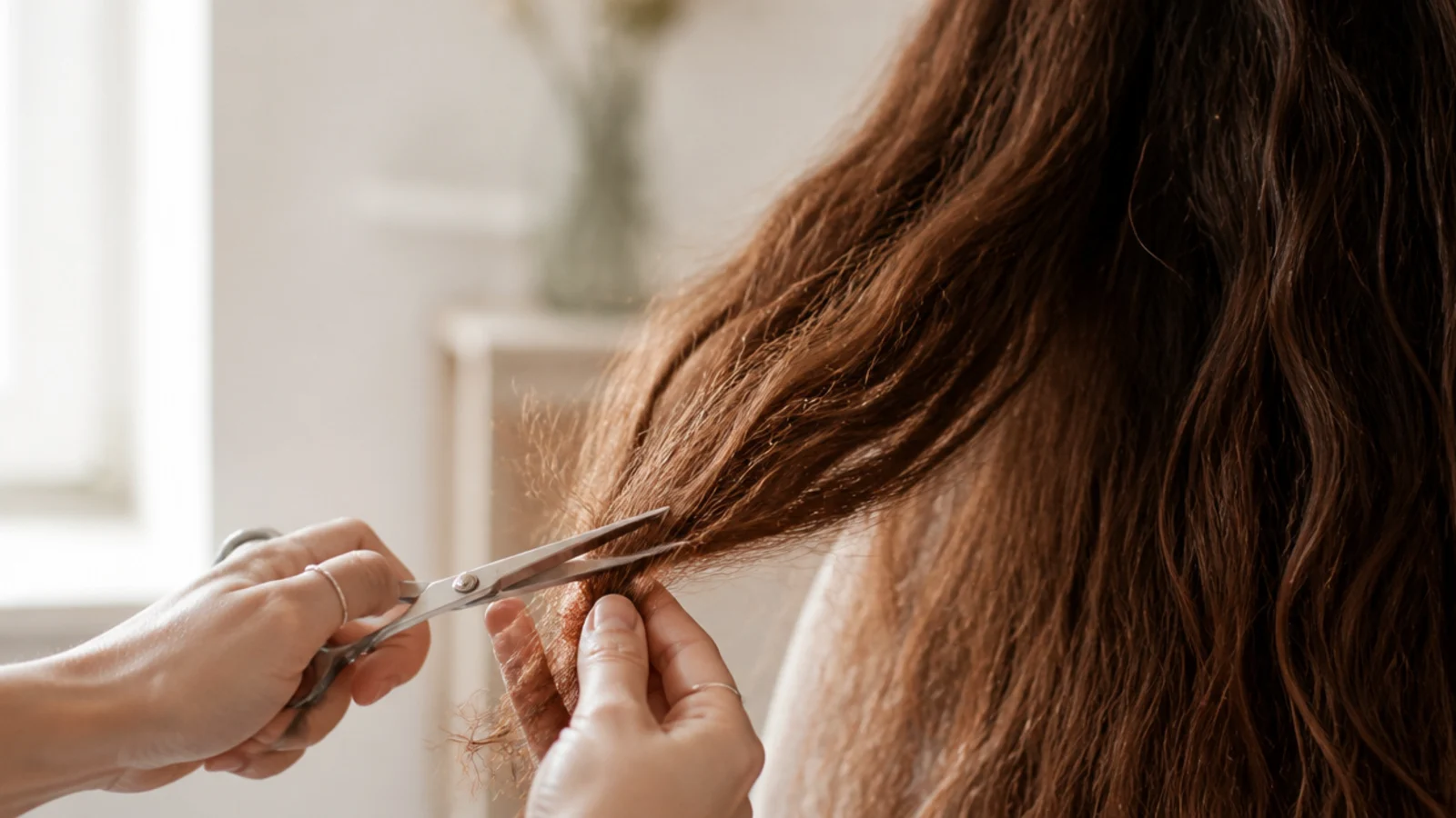 Scissors taking a few millimetres off the very ends of a section
