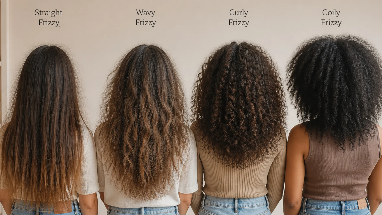 Four heads of hair from straight to coily photographed in the same light