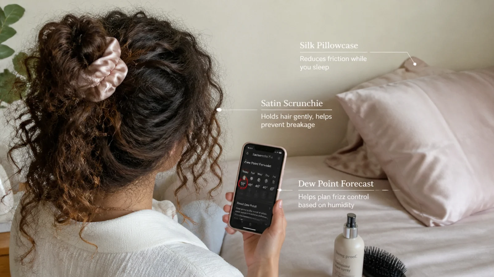 A weather app showing dew point beside a satin pillowcase and a silk cap