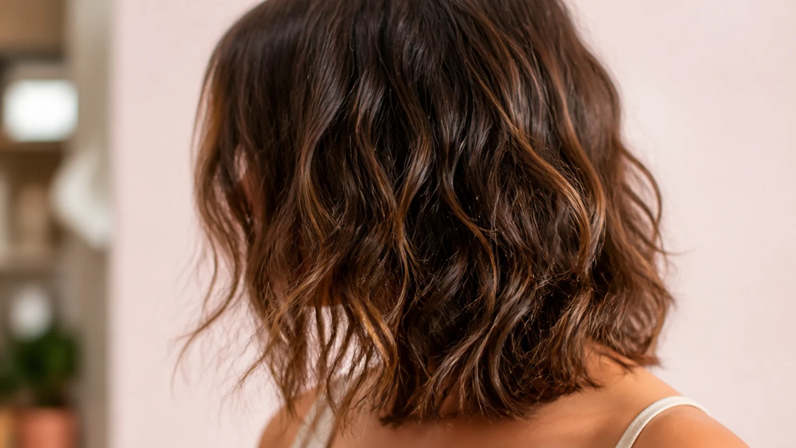 Waves parted down the middle with shorter pieces falling at the cheekbones