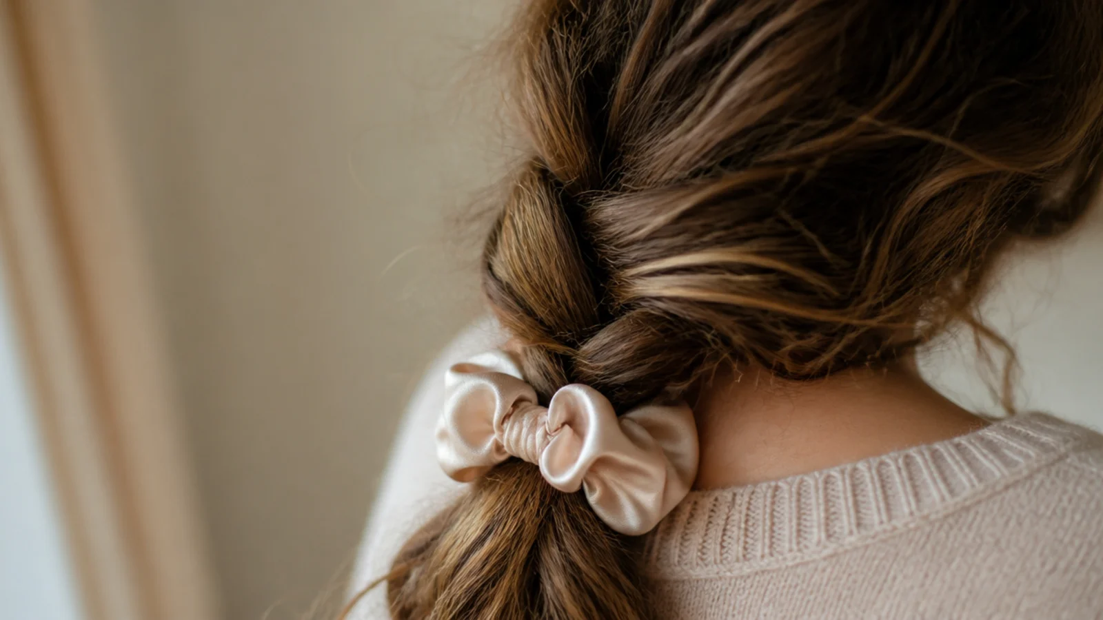 A loose single braid resting over one shoulder before bed