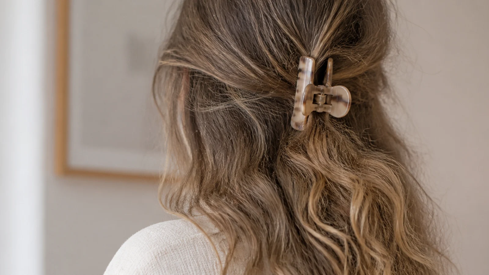 A claw clip holding the top section back with wavy lengths left down
