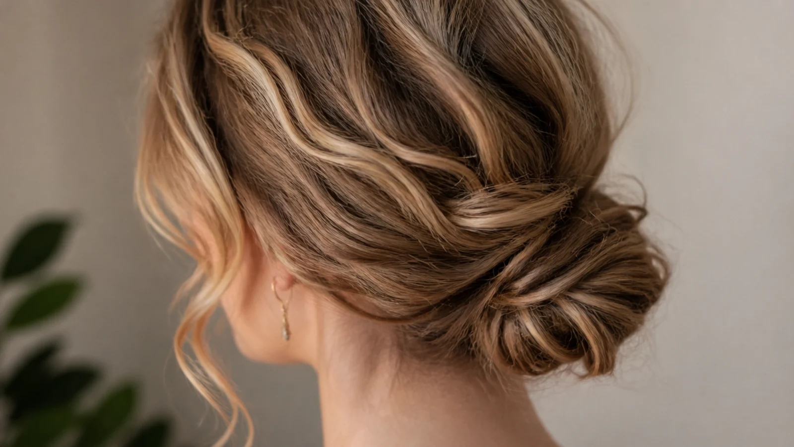 A soft low bun at the nape with wavy pieces left loose at the front