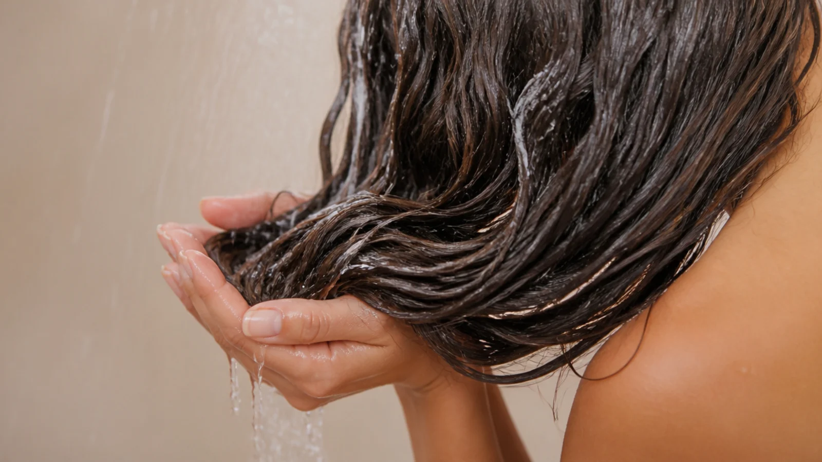 Cupped hands squishing water upward into conditioned wet hair