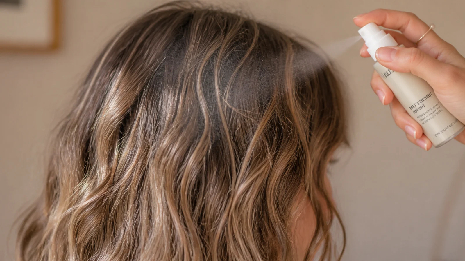 A clear spray bottle held beside textured mid length waves