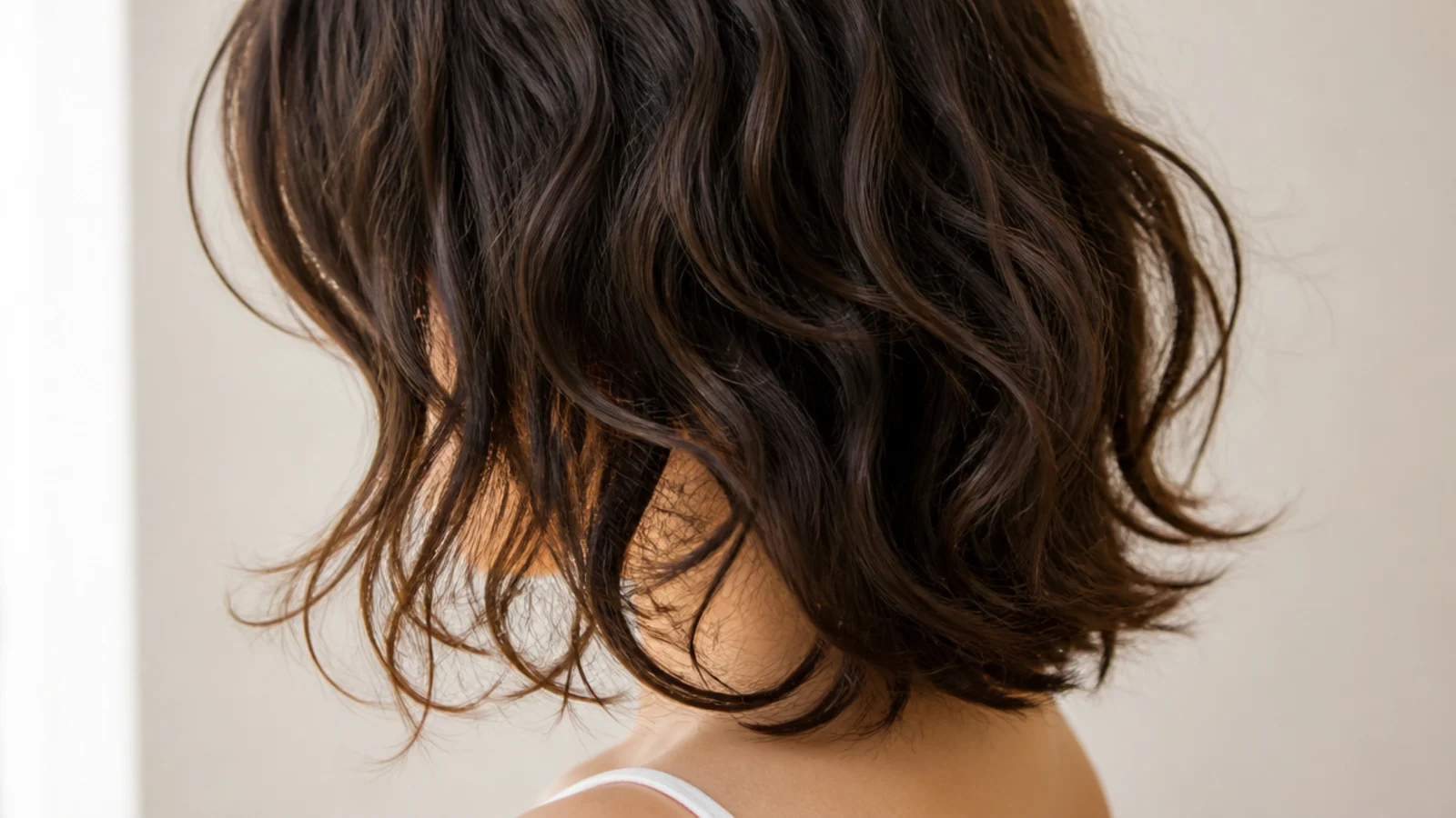 A layered shag with curtain bangs on naturally wavy hair