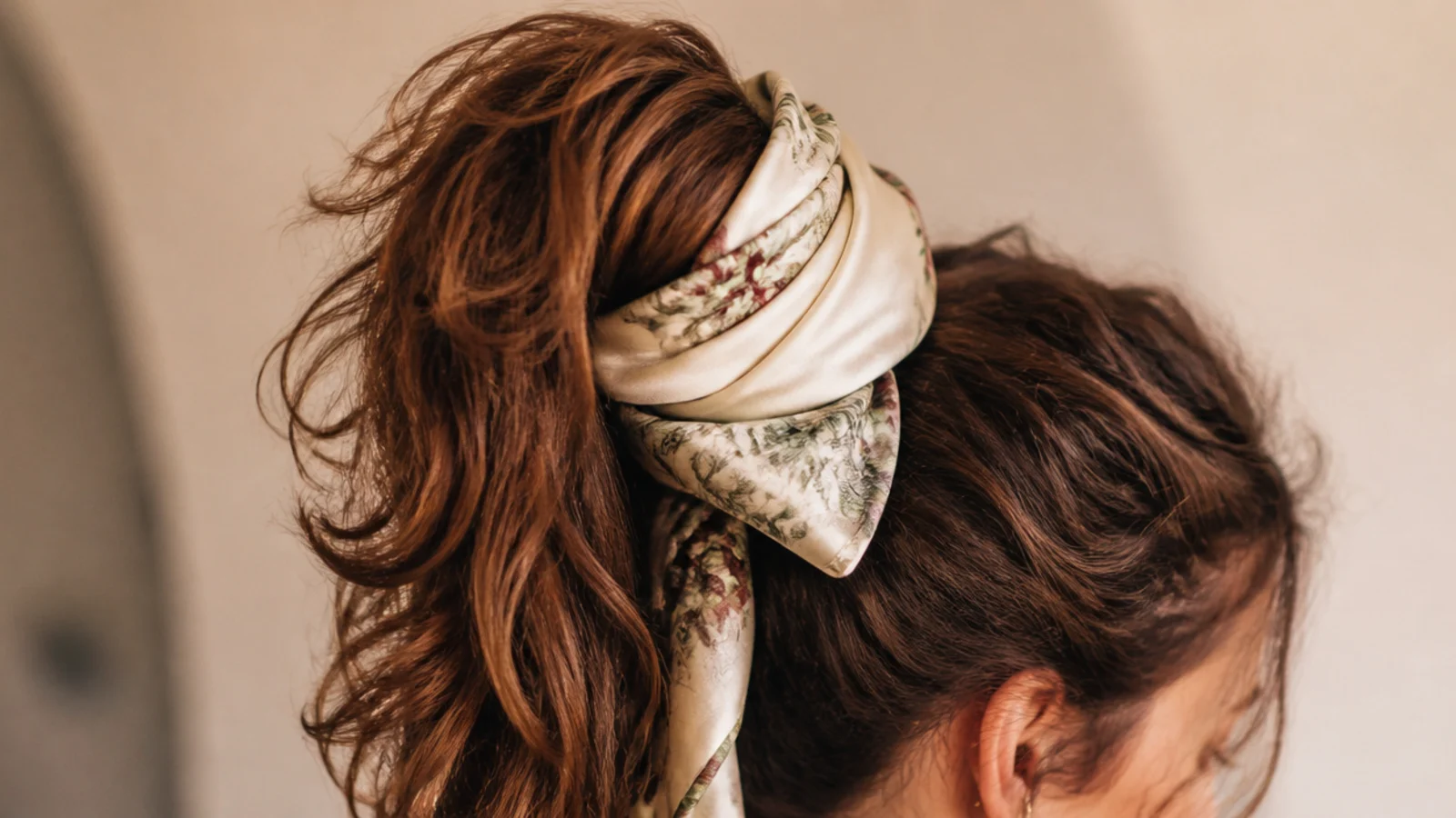 Hair gathered high and wrapped at the base with a silk scarf