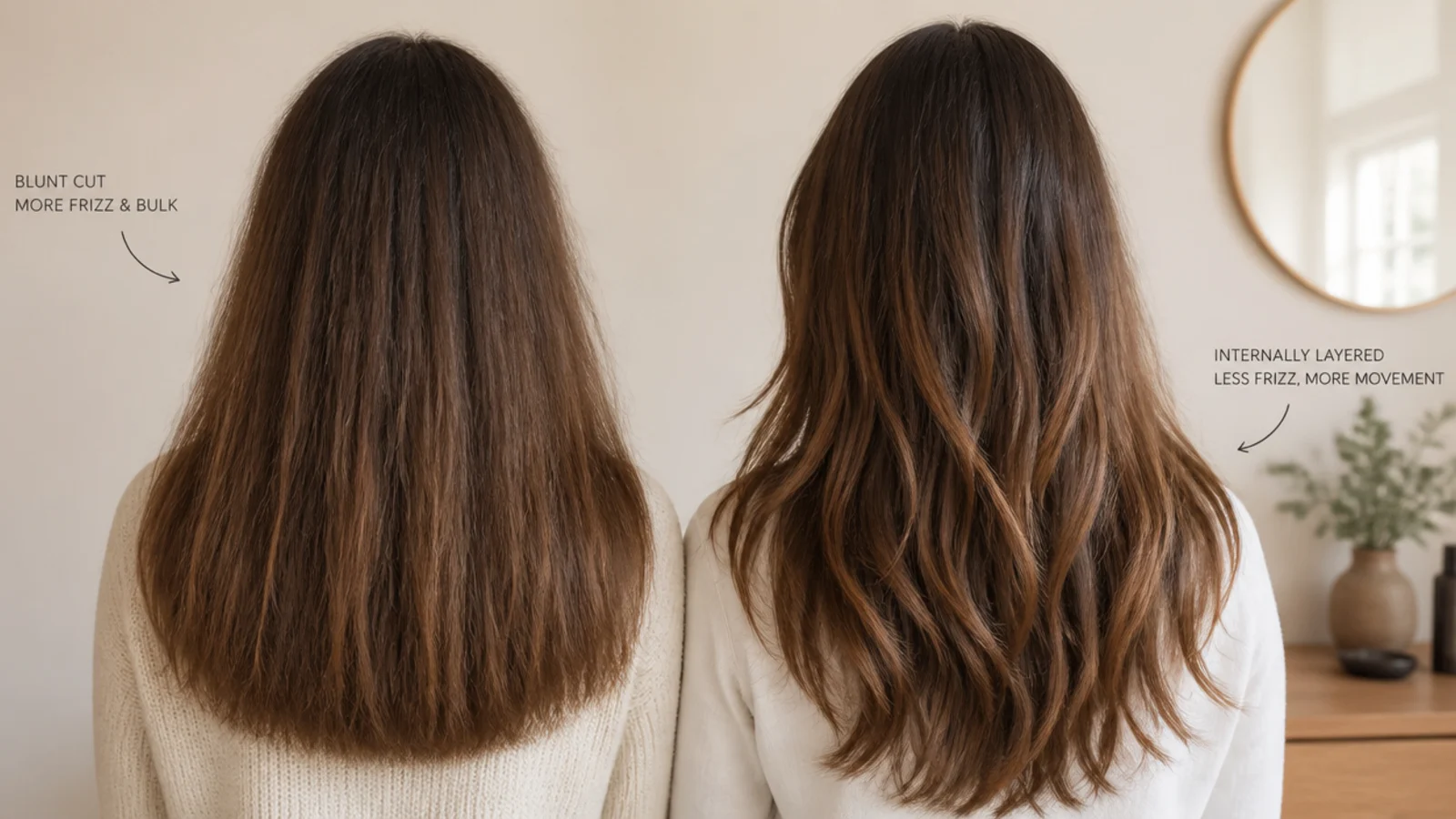 A stylist sectioning dry wavy hair to check where the layers fall