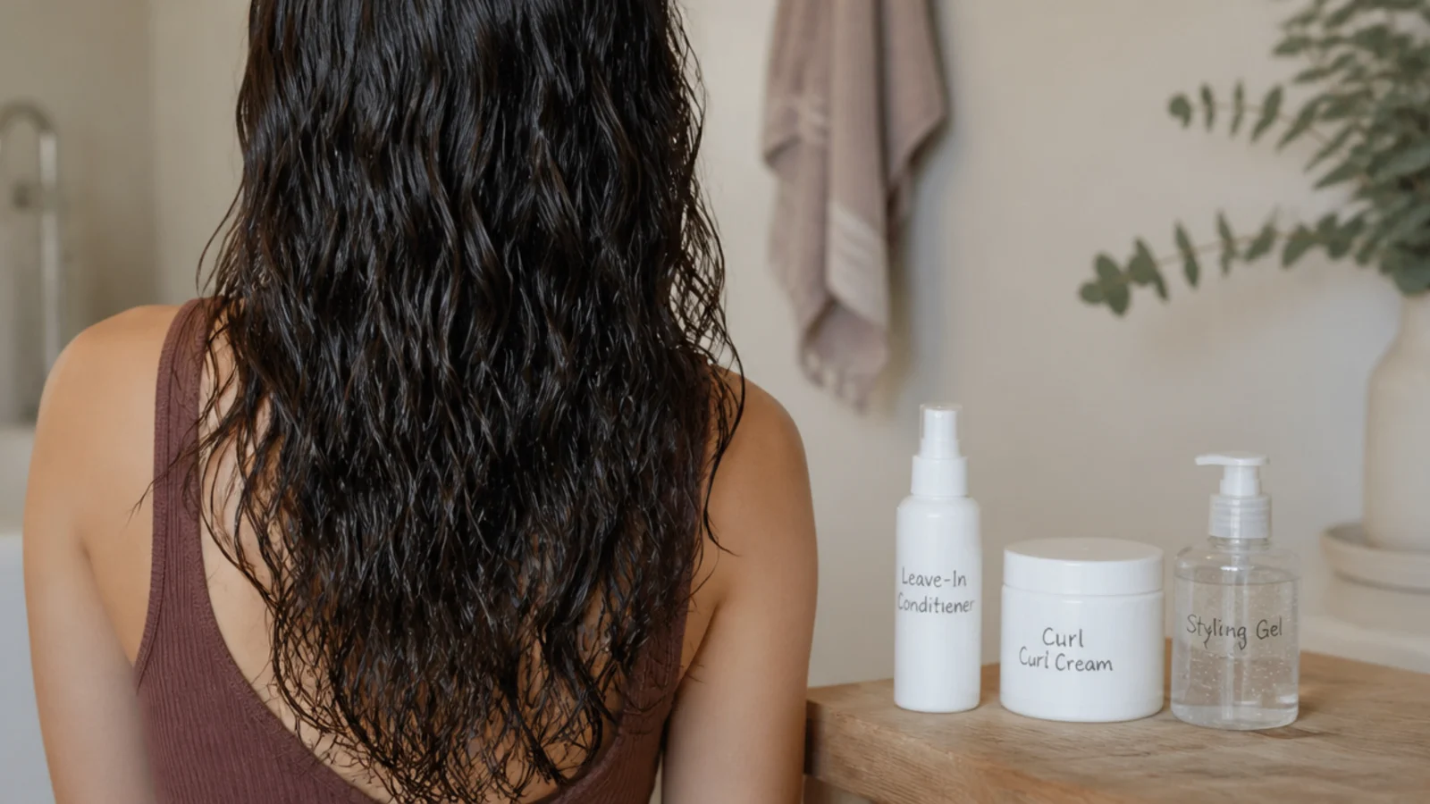 Leave in cream and gel lined up beside a hand cupping wet hair