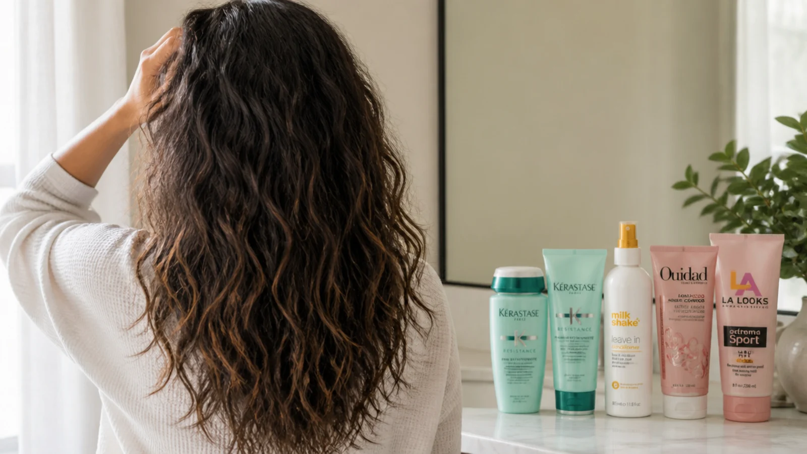 Conditioner being worked through soaking wet hair in the shower