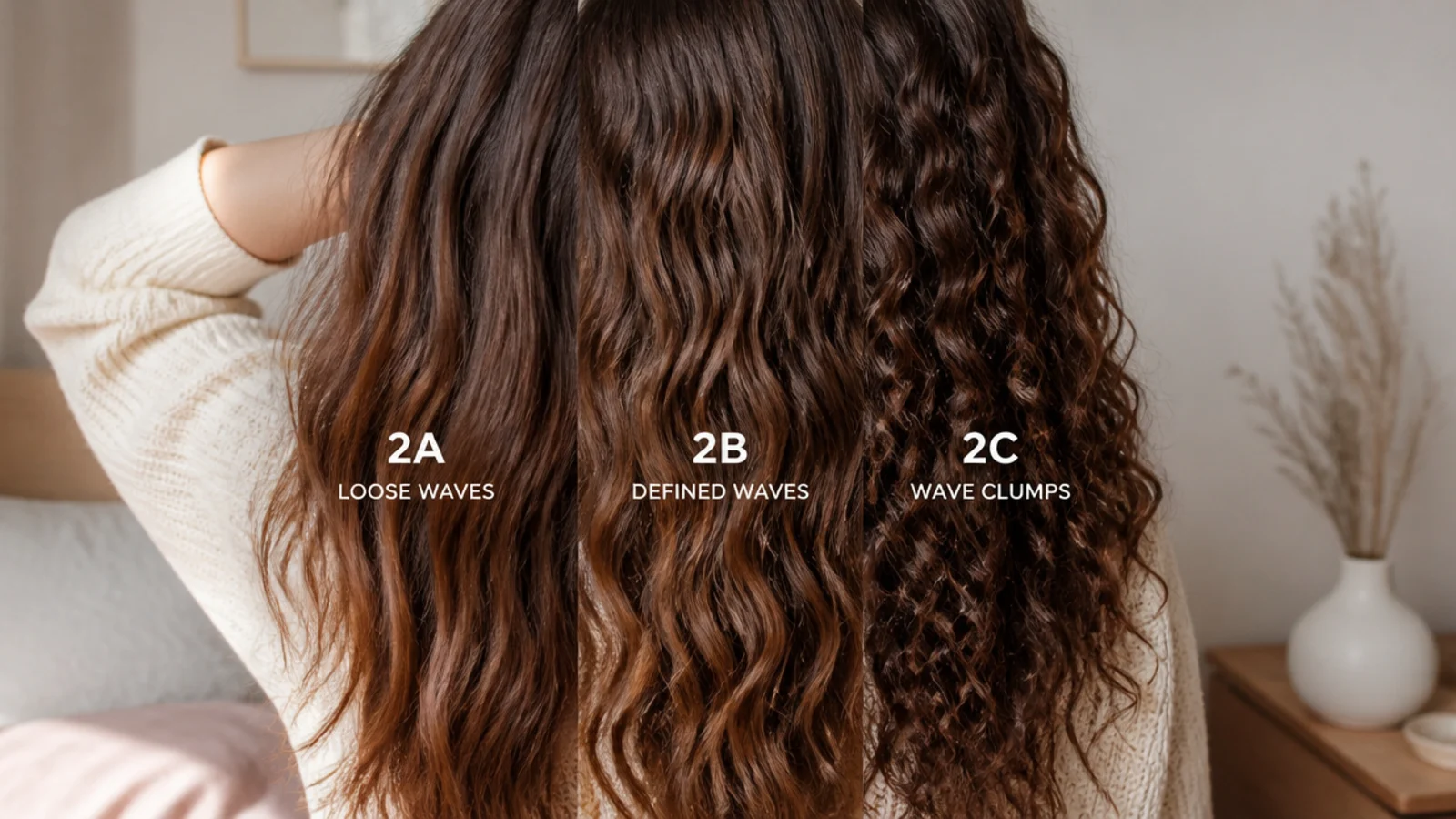 Three wavy hair textures compared side by side from loose bend to tight spiral