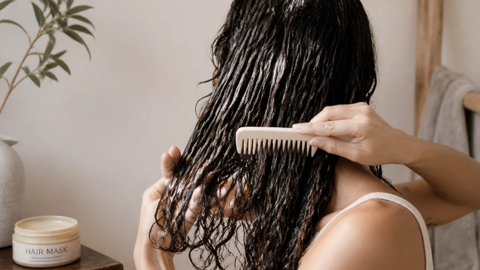 A hand smoothing white mask down a sectioned length of wet hair