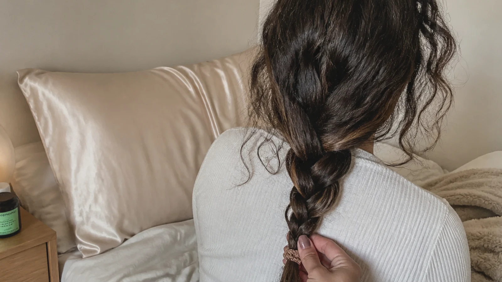 A satin pillowcase with a loose hair tie resting on top