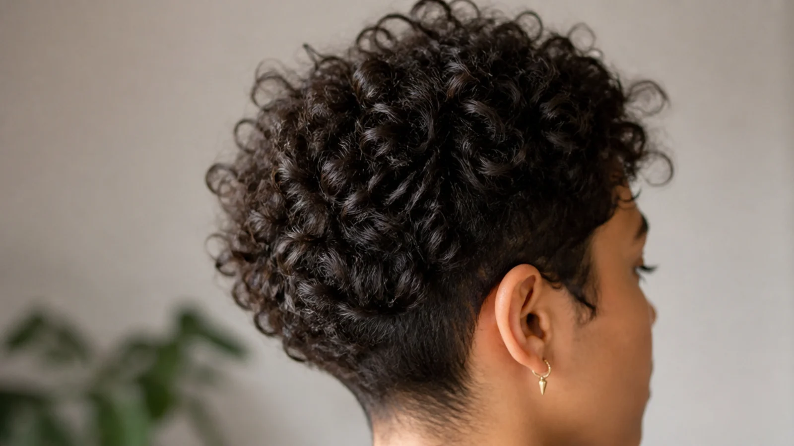 A curly pixie with height through the crown and short tapered sides