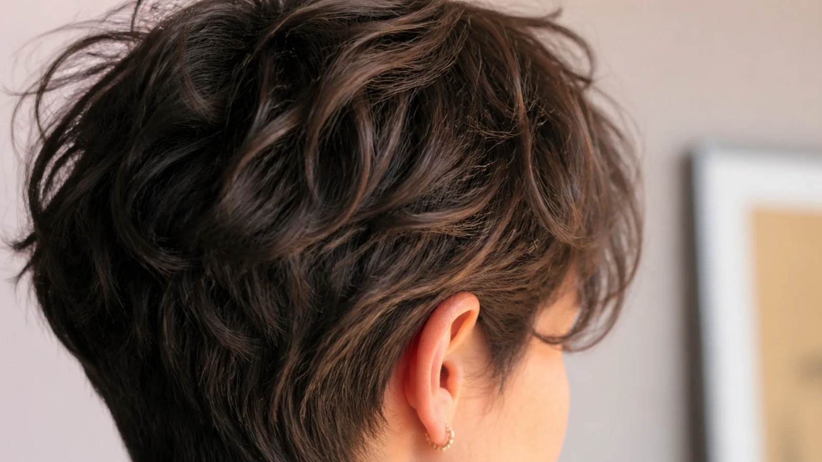 A neat ear length pixie on fine hair with a clean side part