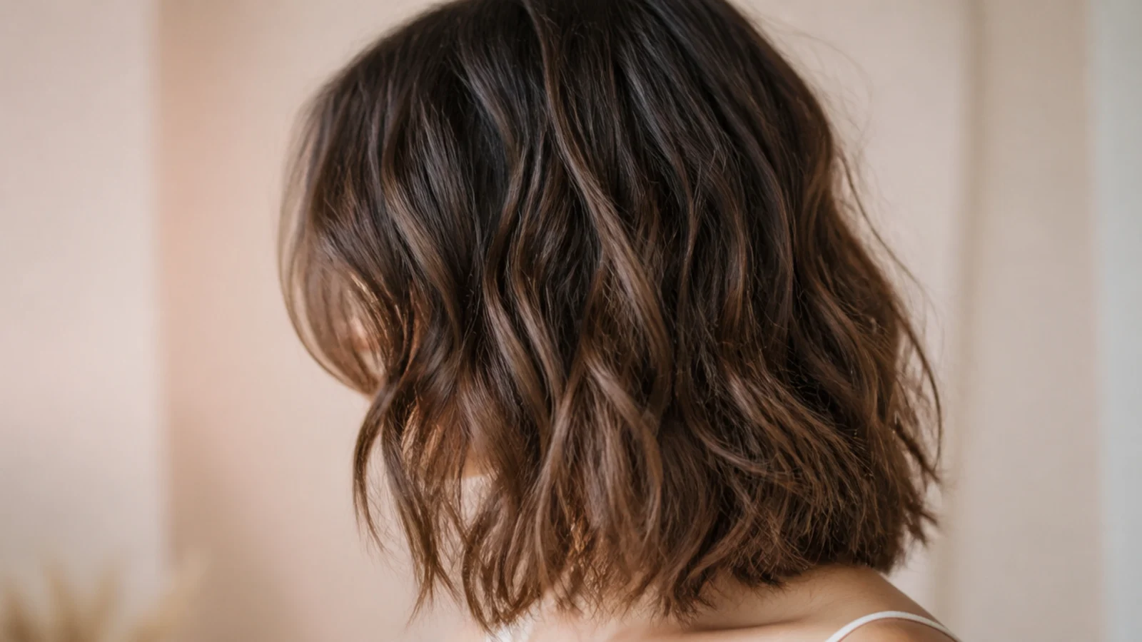 Collarbone length hair with curtain bangs sweeping away from the face
