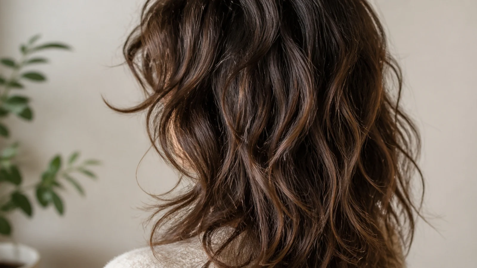 Air dried wavy hair in a layered shag with visible root lift