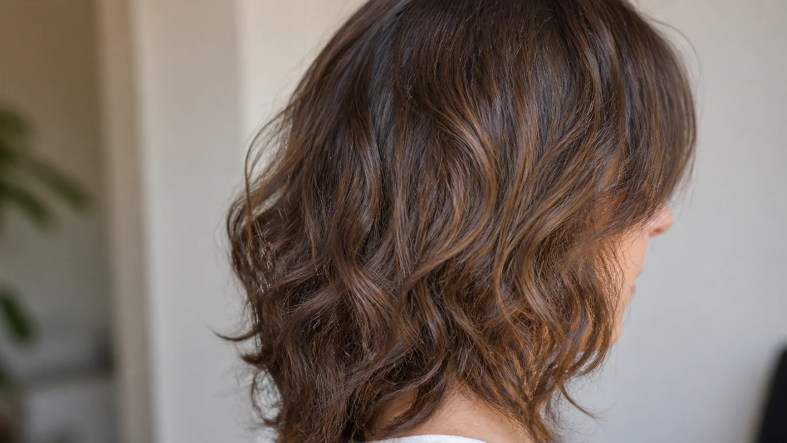 Grown out curtain bangs blending into longer layers at cheekbone level