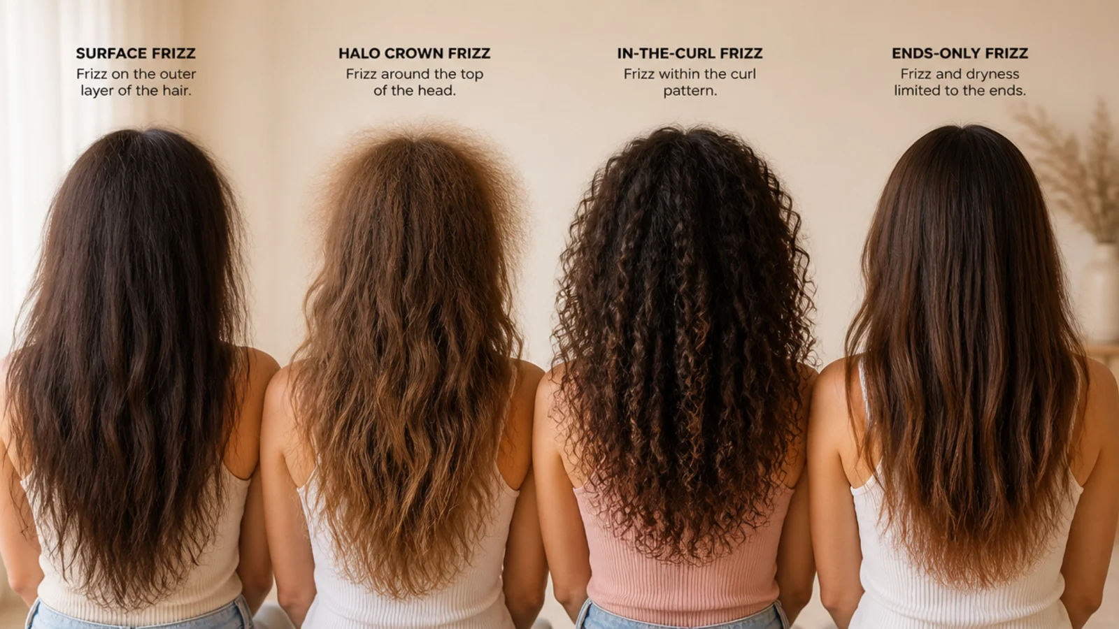 Four sections of hair photographed to compare halo, volume, root and end frizz