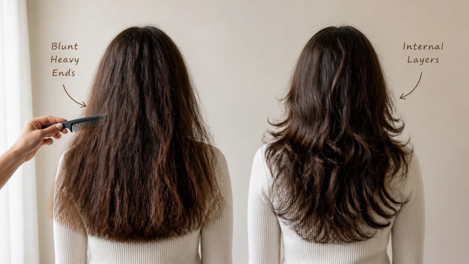 A blunt perimeter and a layered perimeter compared on two sections of hair