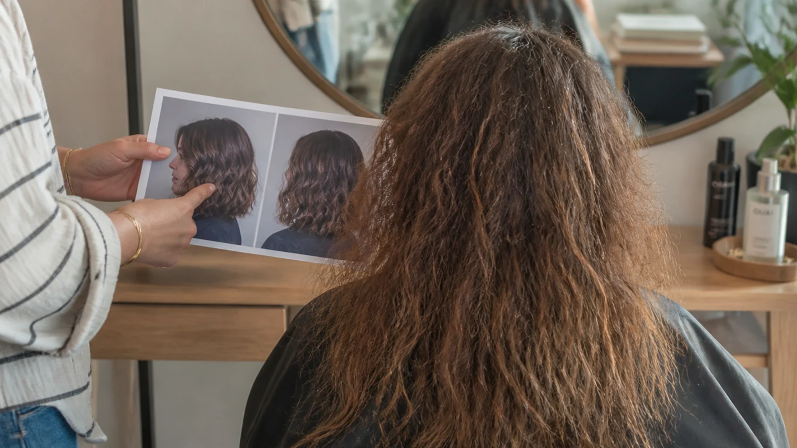A stylist and client talking with a mirror and reference photos on the counter