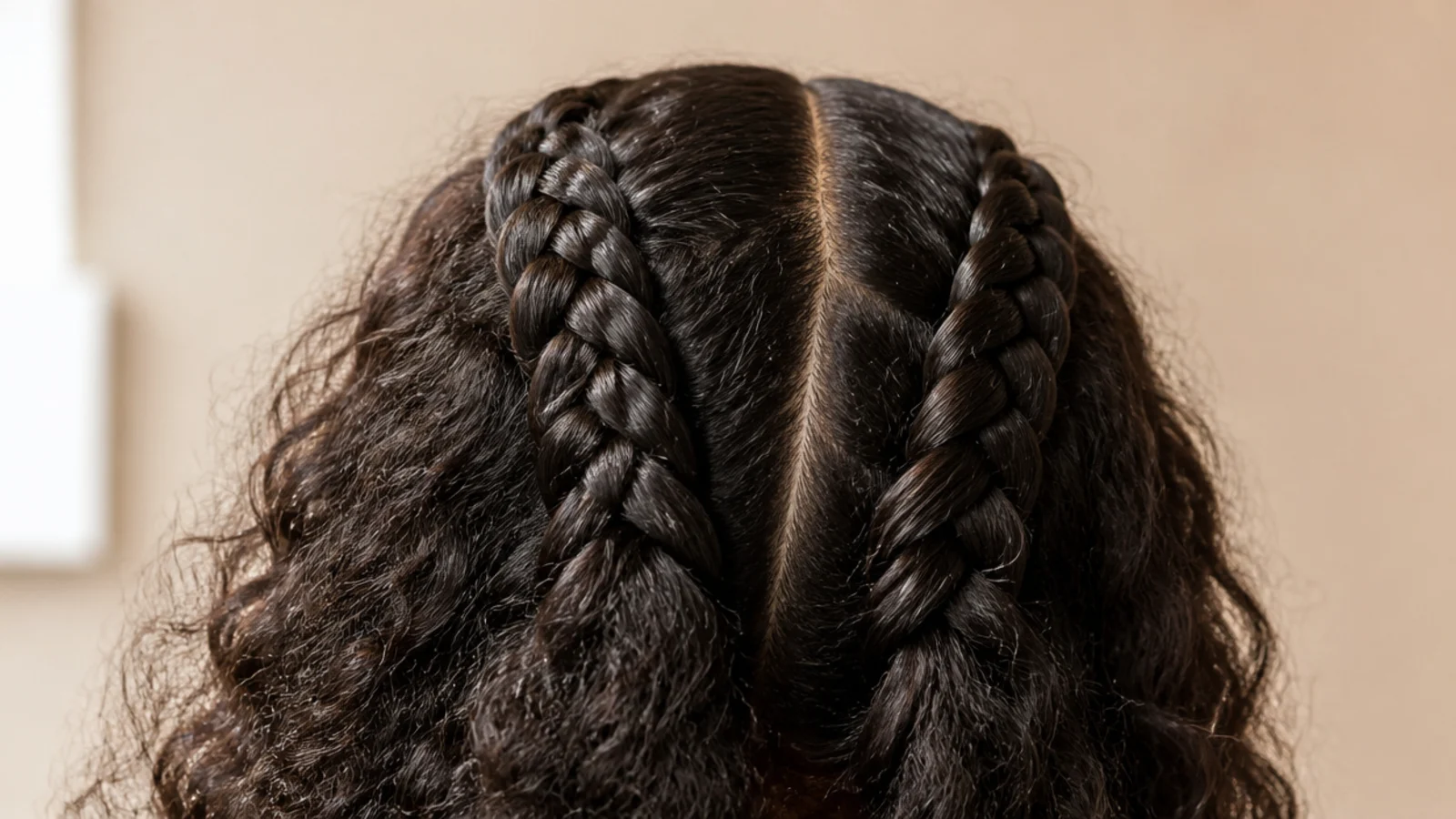 Two dutch braids running parallel down either side of the head